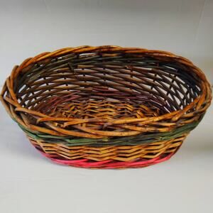 VTG 1980s Oval Wicker Hearth Basket Thick Reed 15" x 12" x 5.5" Rustic Utility